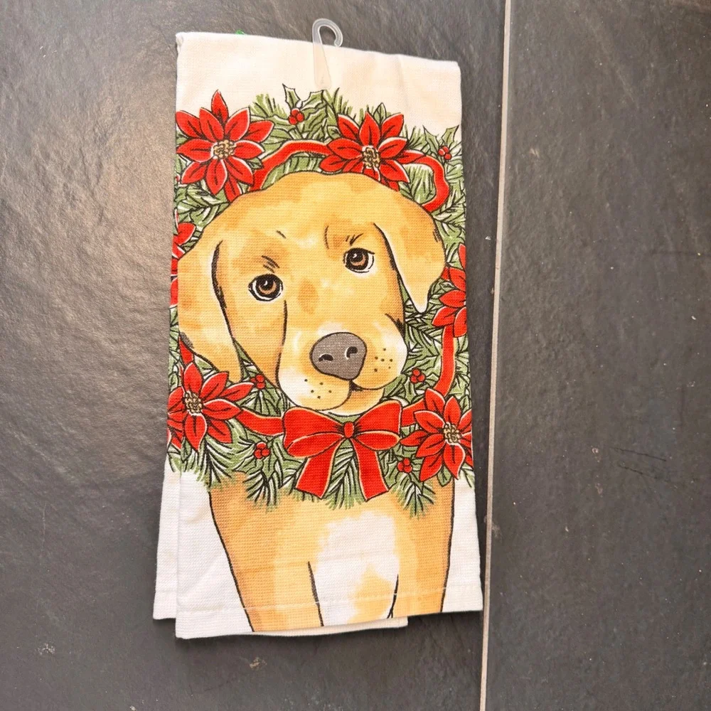 NWT Christmas‎ Dog Kitchen Towel Poinsettia Labrador Retriever Holiday Gift
